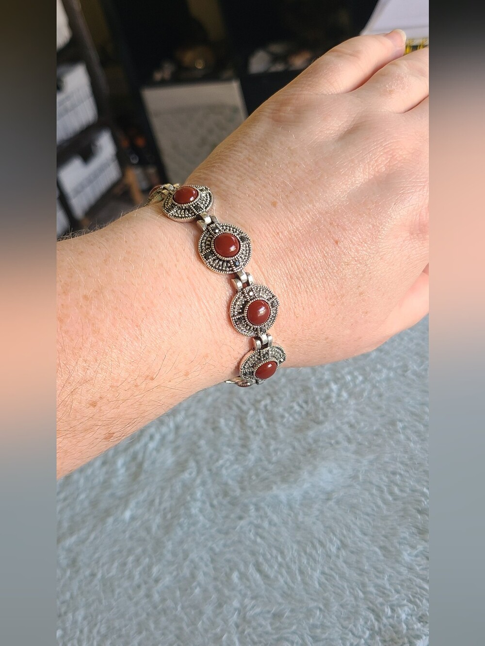 Canyon Sky Silver Bracelet with Marcasite And Carnelian Accents